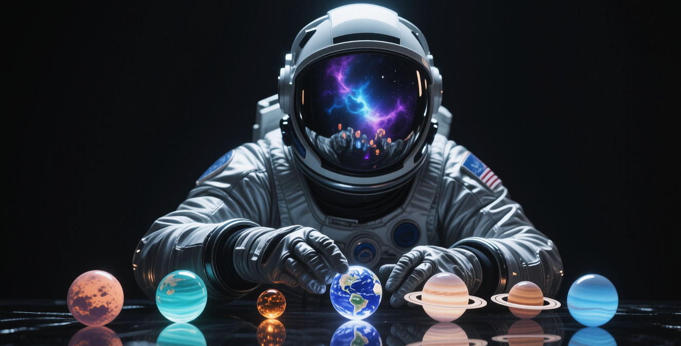 An astronaut plays with the planets of the solar system, Астронавт играет с планетами Солнечной системы