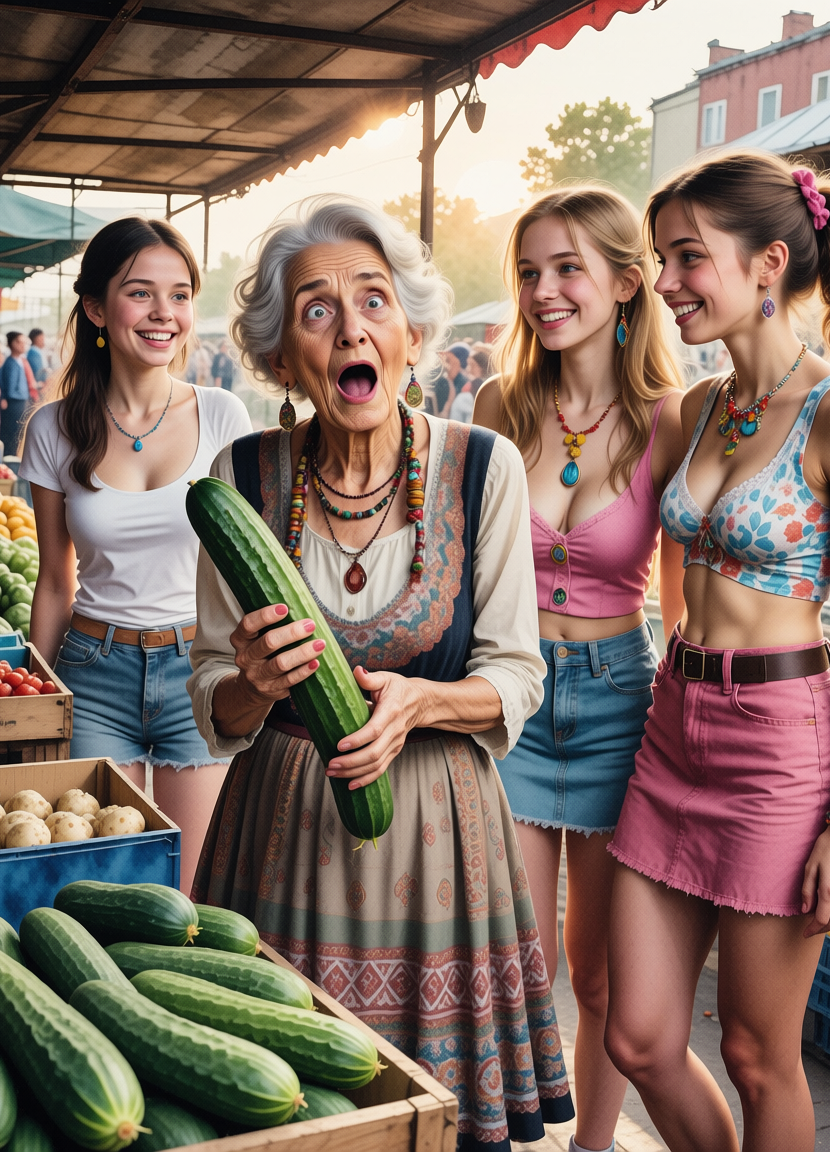 Granny with a big cucumber surrounded by young girls, Бабушка с большим огурцом в окружении молодых девушек, oxsiondesign
