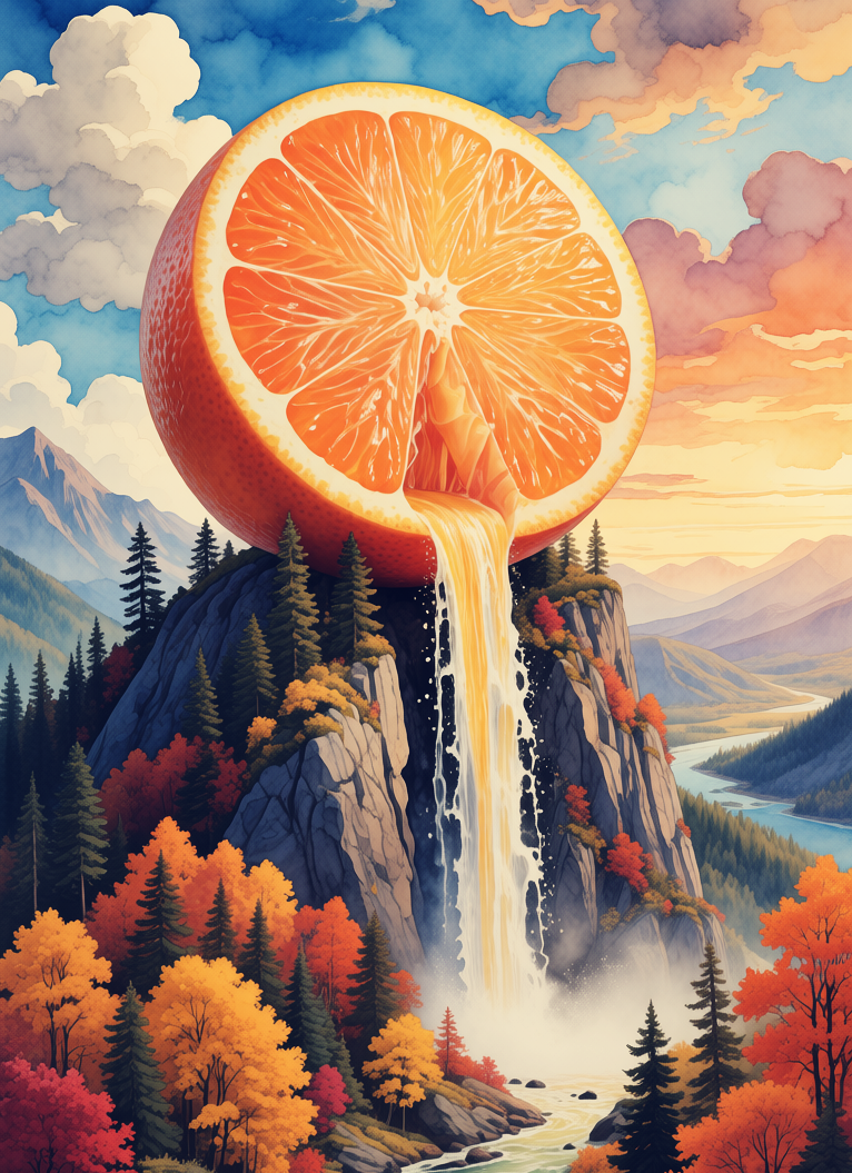 Orange with a waterfall on top of mountain, Апельсин с водопадом на вершине горы, oxsiondesign