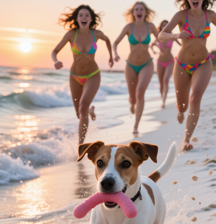 Girls run after the dog, Девочки бегут за собакой