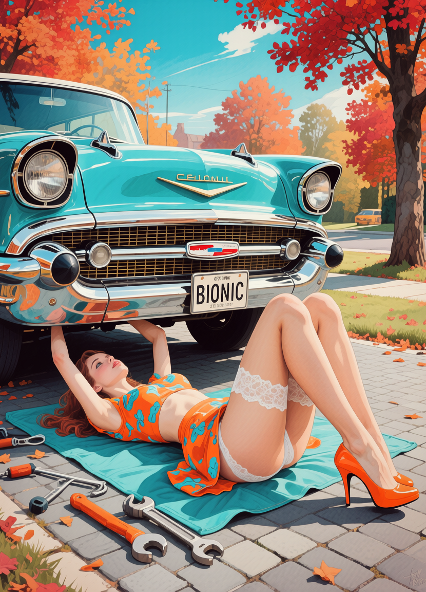 Girl repairs a retro car, Девушка чинит ретро автомобиль, oxsiondesign