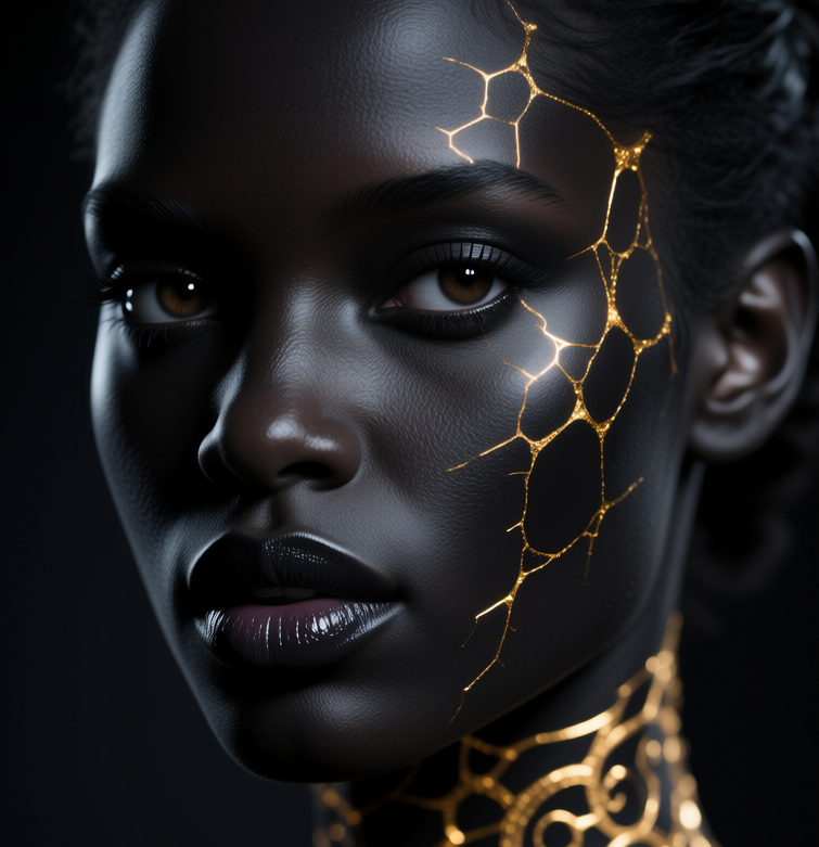 Black girl with golden cracks, Чернокожая девушка с золотистыми трещинами