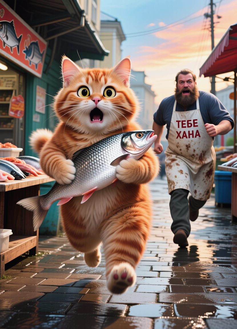 Running cat with stolen fish, Бегущий кот с ворованной рыбой, oxsiondesign