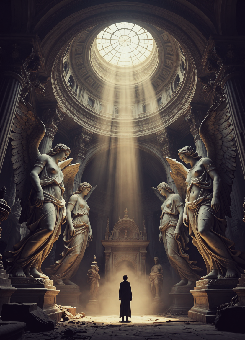 Cathedral in a cave with statues of angels, Собор в пещере с статуями ангелов, oxsiondesign