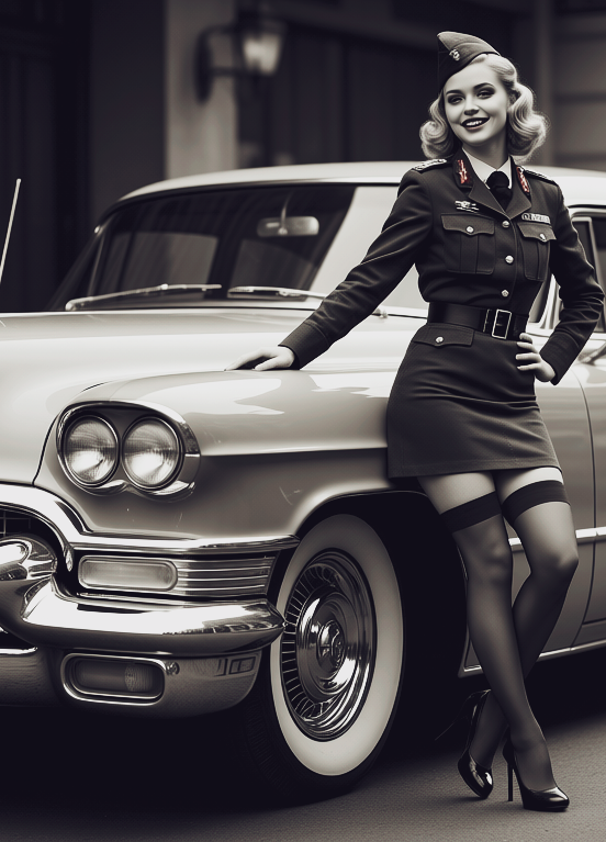 Girl in military uniform near retro car, Девушка в военной форме у ретро автомобиля