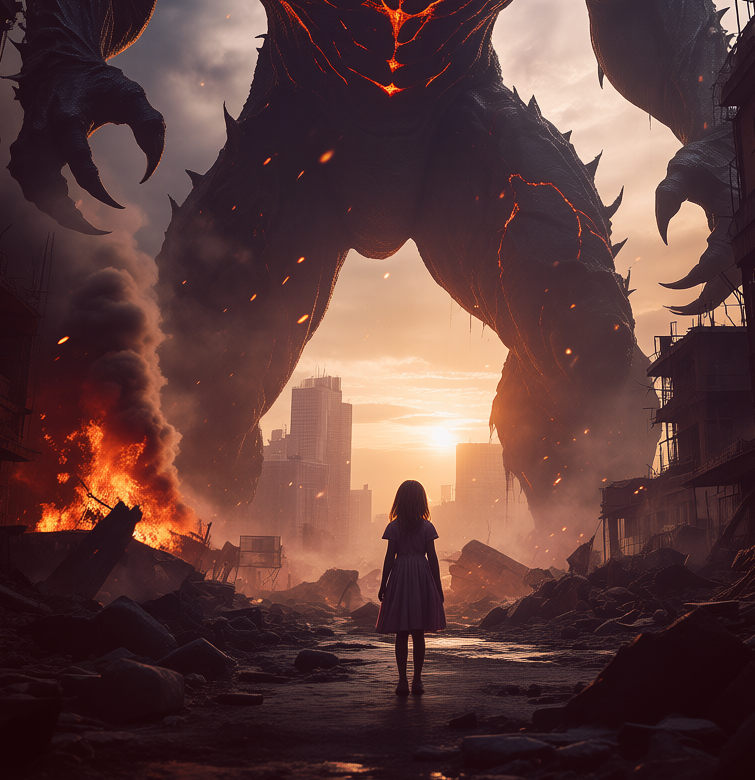 Huge monster with a small girl, Огромный монстр с маленькой девочкой