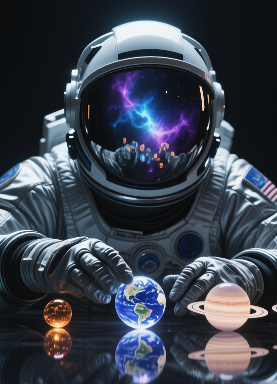 Astronaut plays with planets of solar system, Астронавт играет с планетами, oxsiondesign