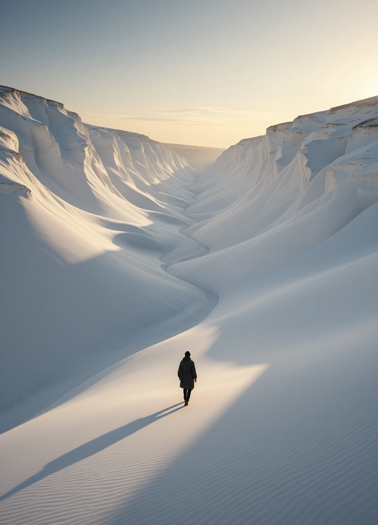 Black figure against a background of white sand dunes, Черная фигура на фоне песчаных белых дюн, oxsiondesign