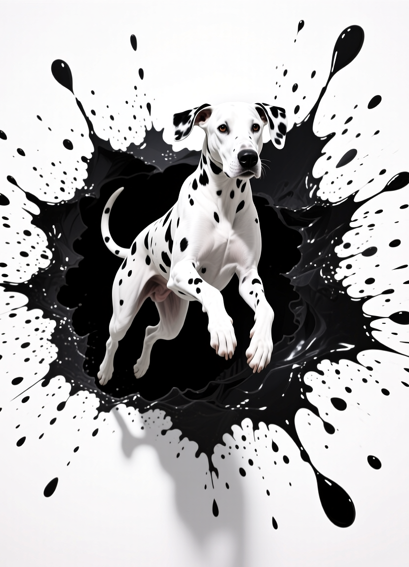 Dalmatian jumps out of black blot, Далматин выпрыгивает из черной кляксы, oxsiondesign