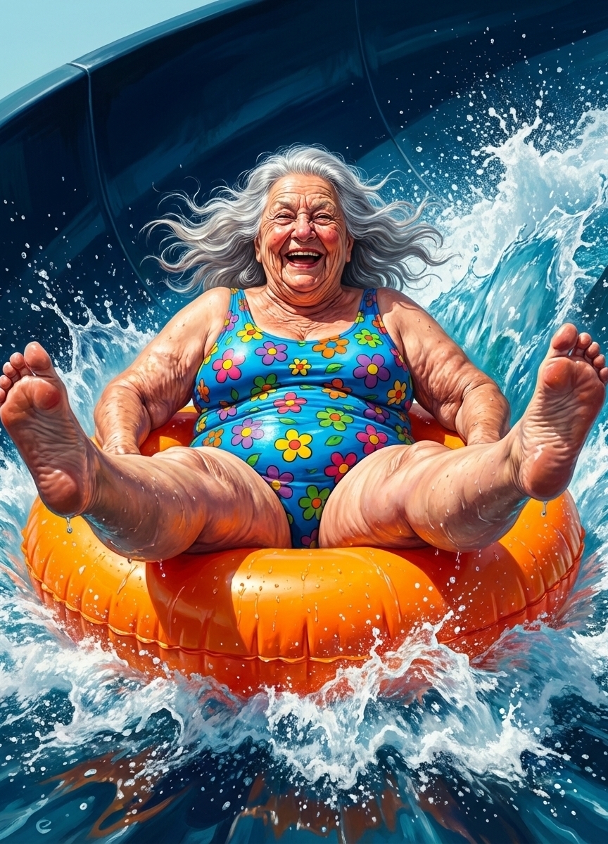 Cheerful granny on an inflatable circle, Веселая бабушка на надувном круге, oxsiondesign