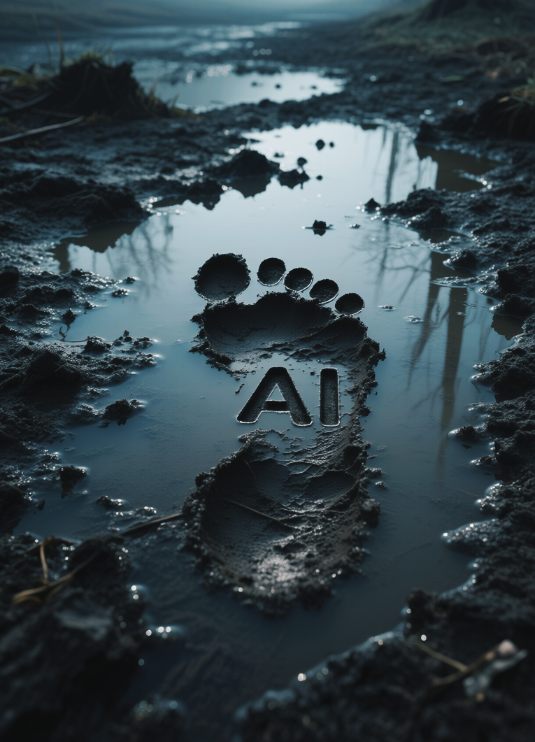 Footprint in puddle with inscription AI, След в луже с надписью ИИ
