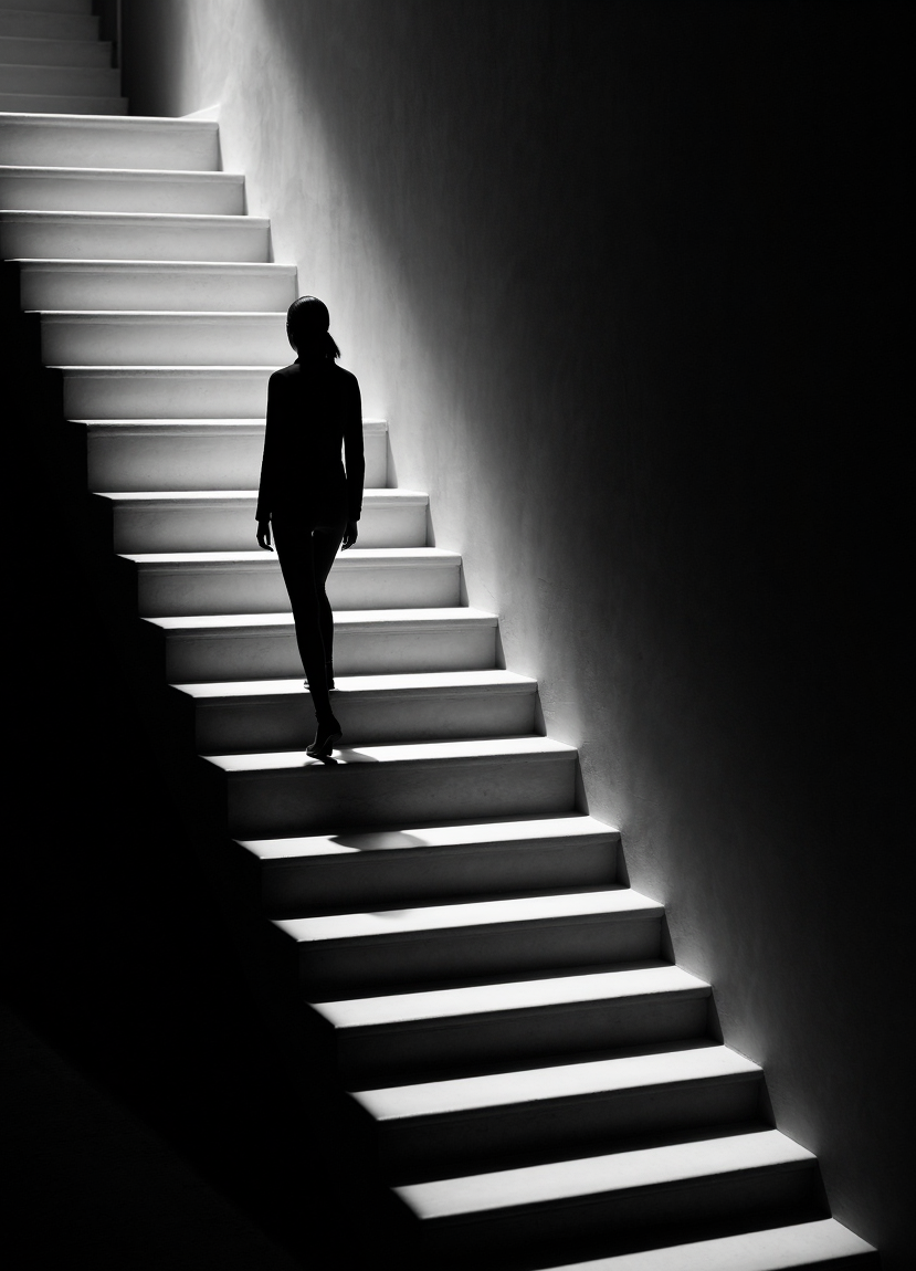 Black figure climbs the stairs, Черная фигура поднимается по лестнице, oxsiondesign