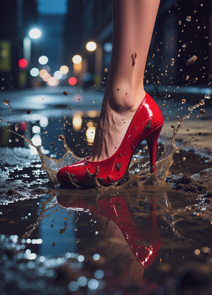 Red heel in dirty puddle, Красный каблук в грязной луже, oxsiondesign