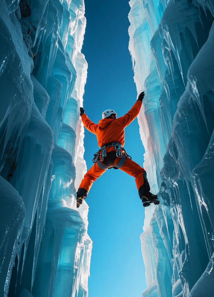 A climber between two ice cliffs, Альпинист между двумя ледяными скалами, oxsiondesign