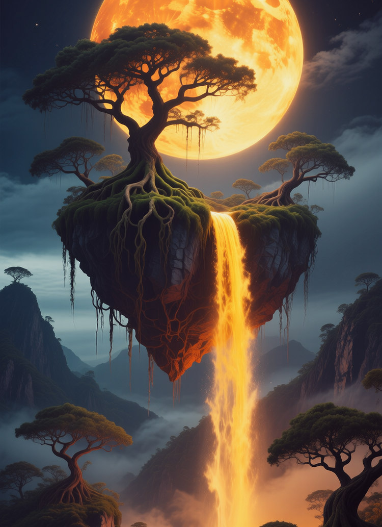 Night landscape with a flying island, moon and waterfall, Ночной пейзаж с летающим островом, луной и водопадом, oxsiondesign
