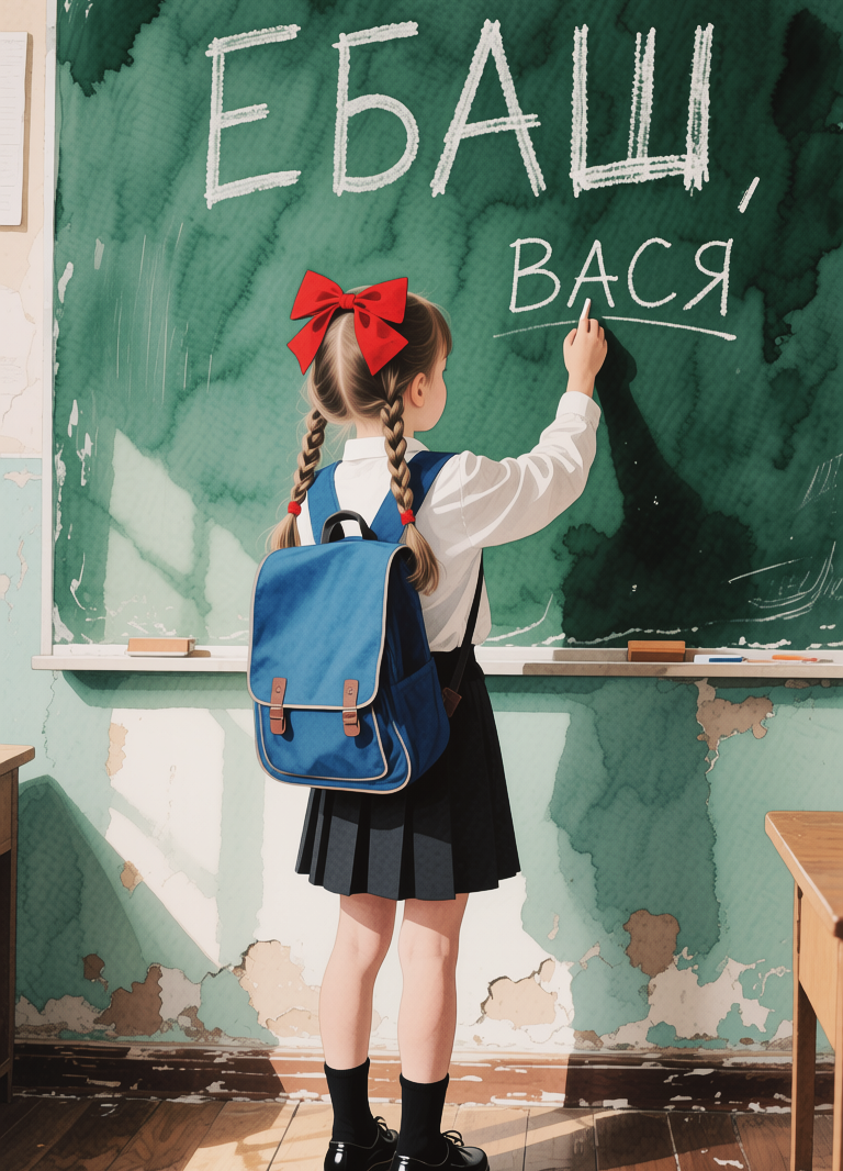 First grader writes with chalk on a blackboard, Первоклассница пишет мелом на доске, oxsiondesign