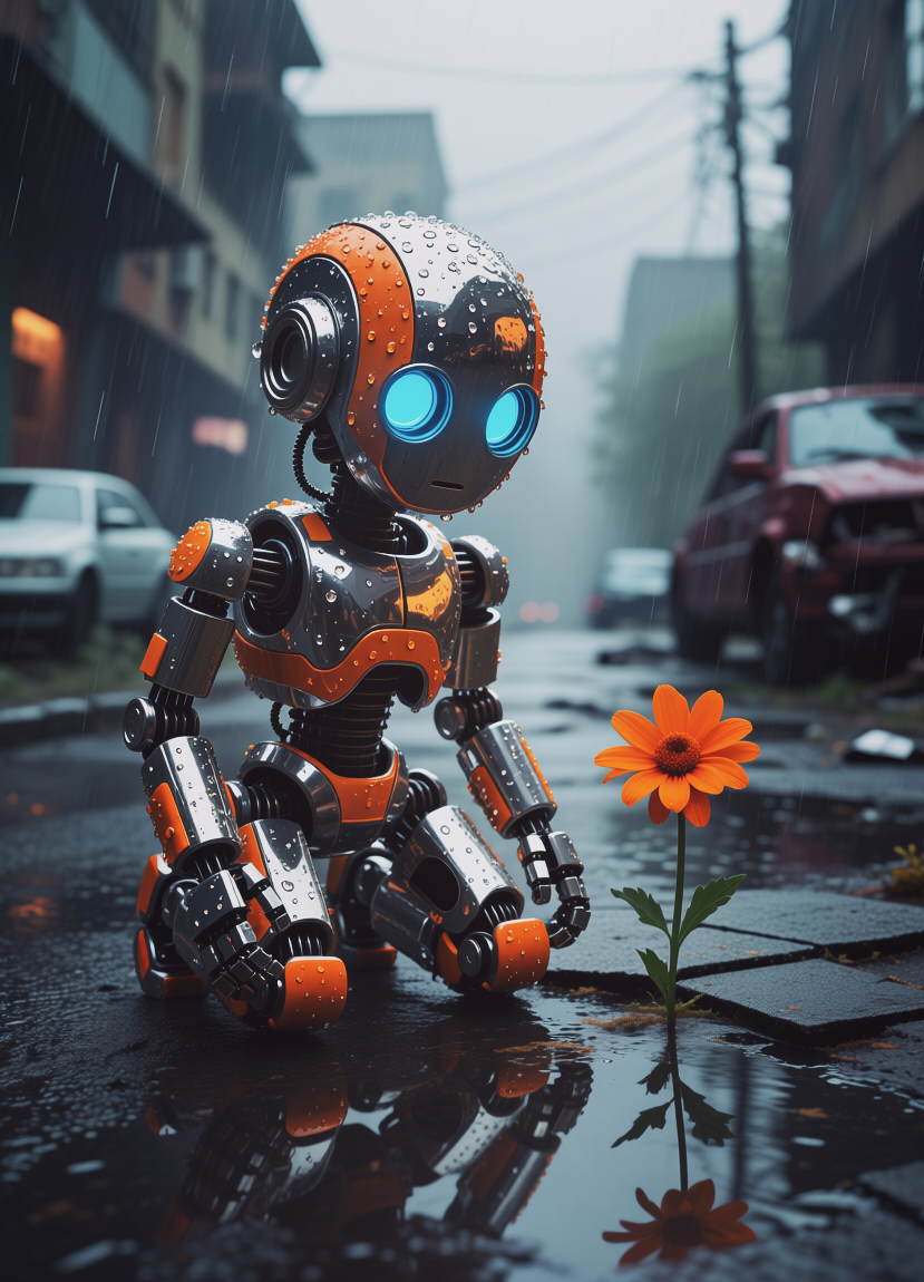 Robot with a lonely flower, Робот с одиноким цветком, oxsiondesign