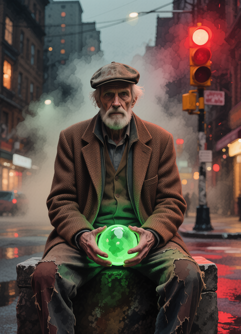 Homeless man with a green balloon, Бездомный мужчина с зеленым шаром, oxsiondesign