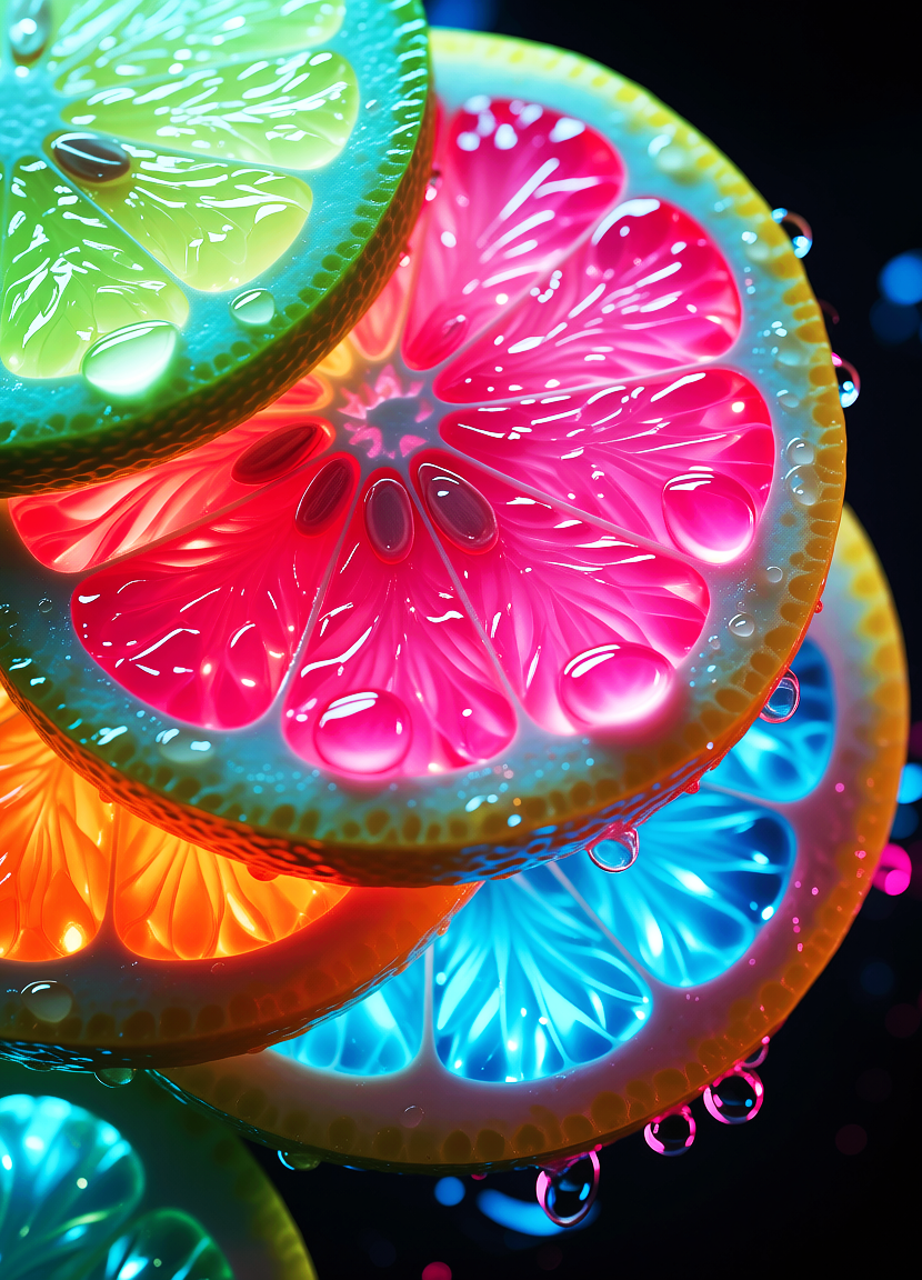 Neon citrus slices, Неоновые дольки цитрусовых, oxsiondesign