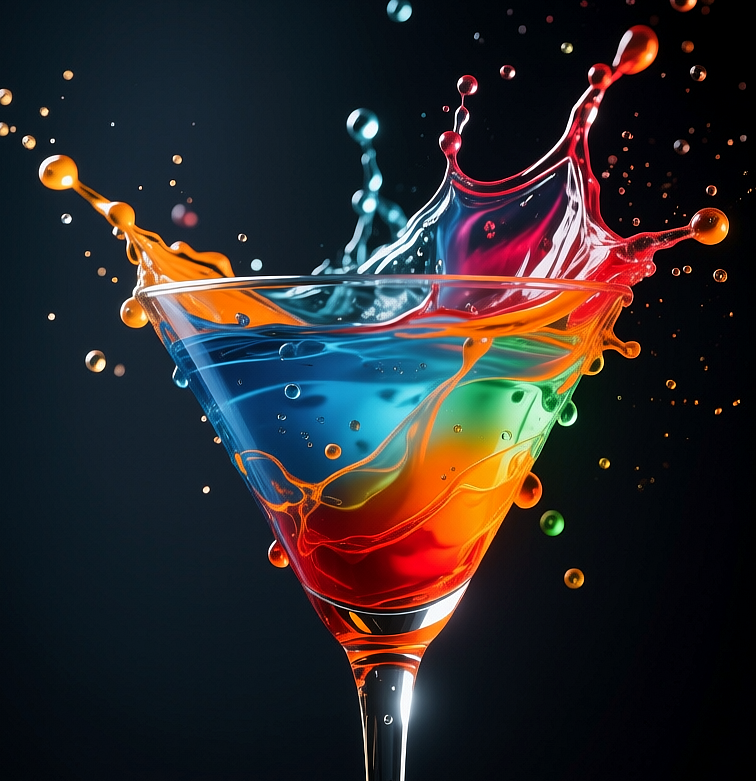 Multi-colored cocktail in a martini glass, Разноцветный коктейль в бокале для мартини