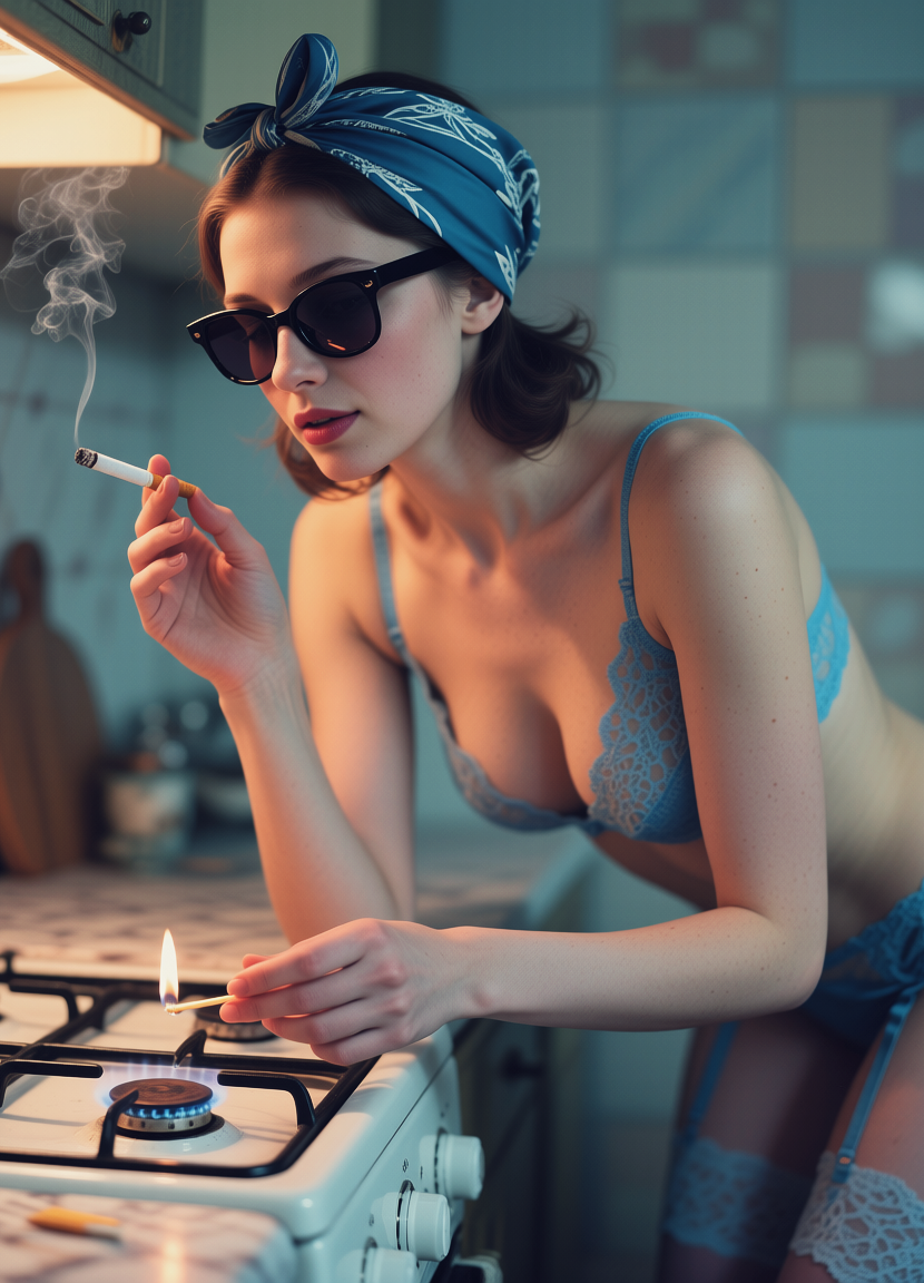 Girl lights a cigarette from a gas stove, Девушка прикуривает сигарету от газовой плиты, oxsiondesign