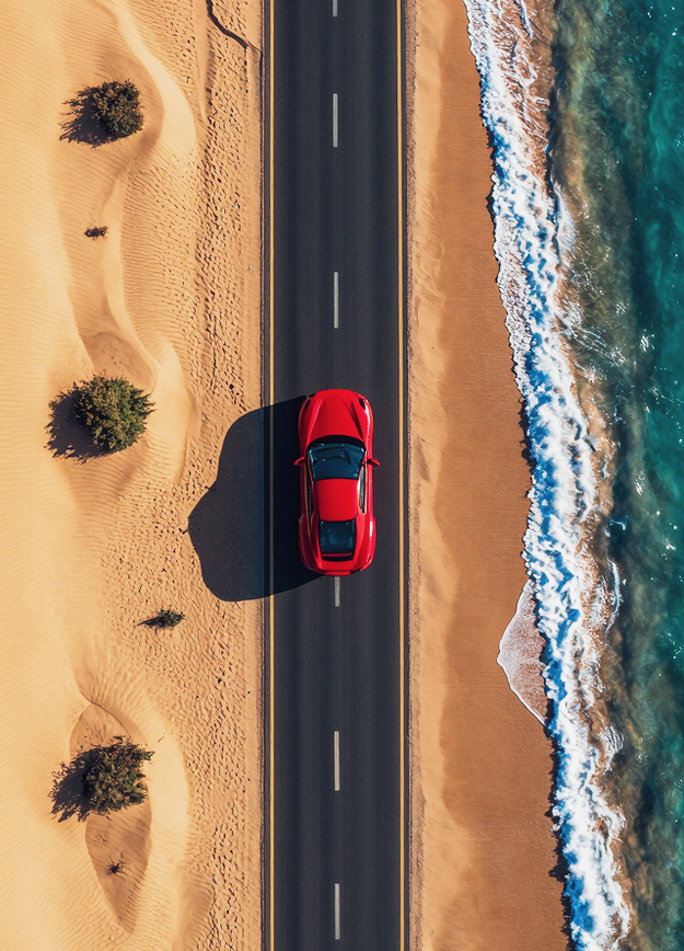 Red car is driving through the desert near the ocean, Красный автомобиль едет по пустыни у берега океана, oxsiondesign