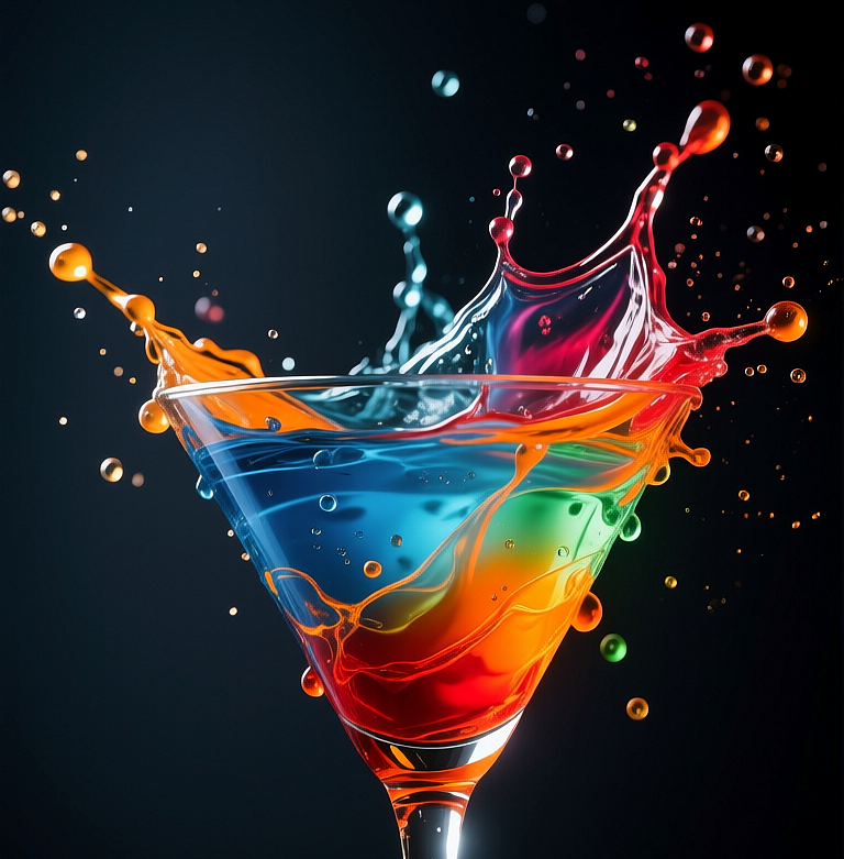 Multi-colored cocktail in a martini glass, Разноцветный коктейль в бокале для мартини