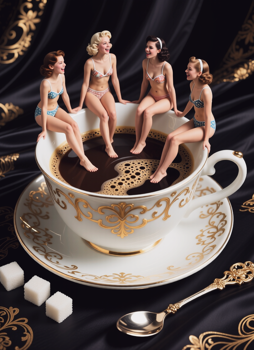 Girls sitting on edge of coffee cup, Девушки сидят на краю чашки с кофе, oxsiondesign