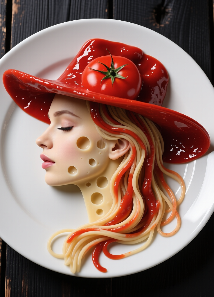 Silhouette of a girl made of spaghetti and cheese with ketchup, Силуэт девушки из спагетти и сыра с кетчупом, oxsiondesign