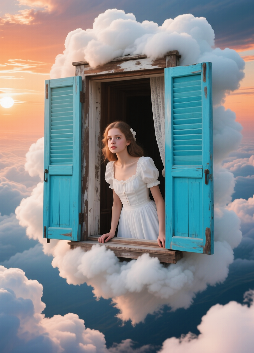Girl looks out of a window in the clouds, Девушка выглядывает из окна в облаках, oxsiondesign
