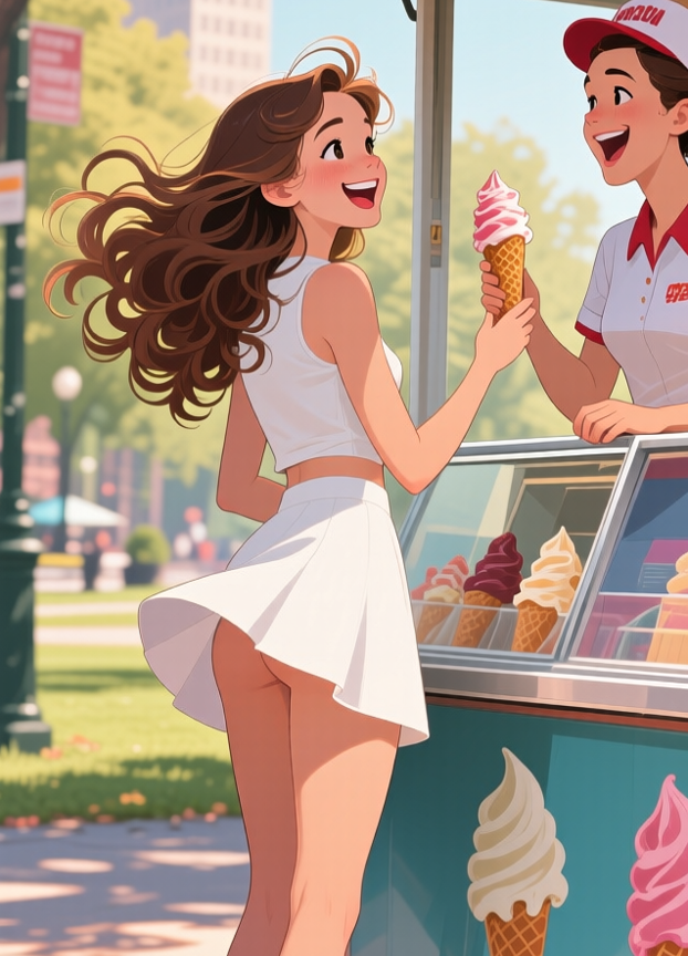 Girl buys ice cream with her skirt up, Девушка покупает мороженое с задранной юбкой, oxsiondesign