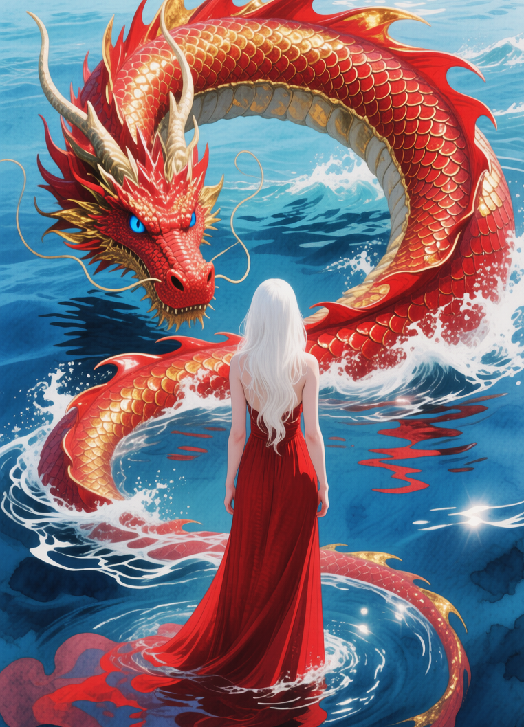 Girl in red dress and with red dragon, Девушка в красном платье с драконом, oxsiondesign