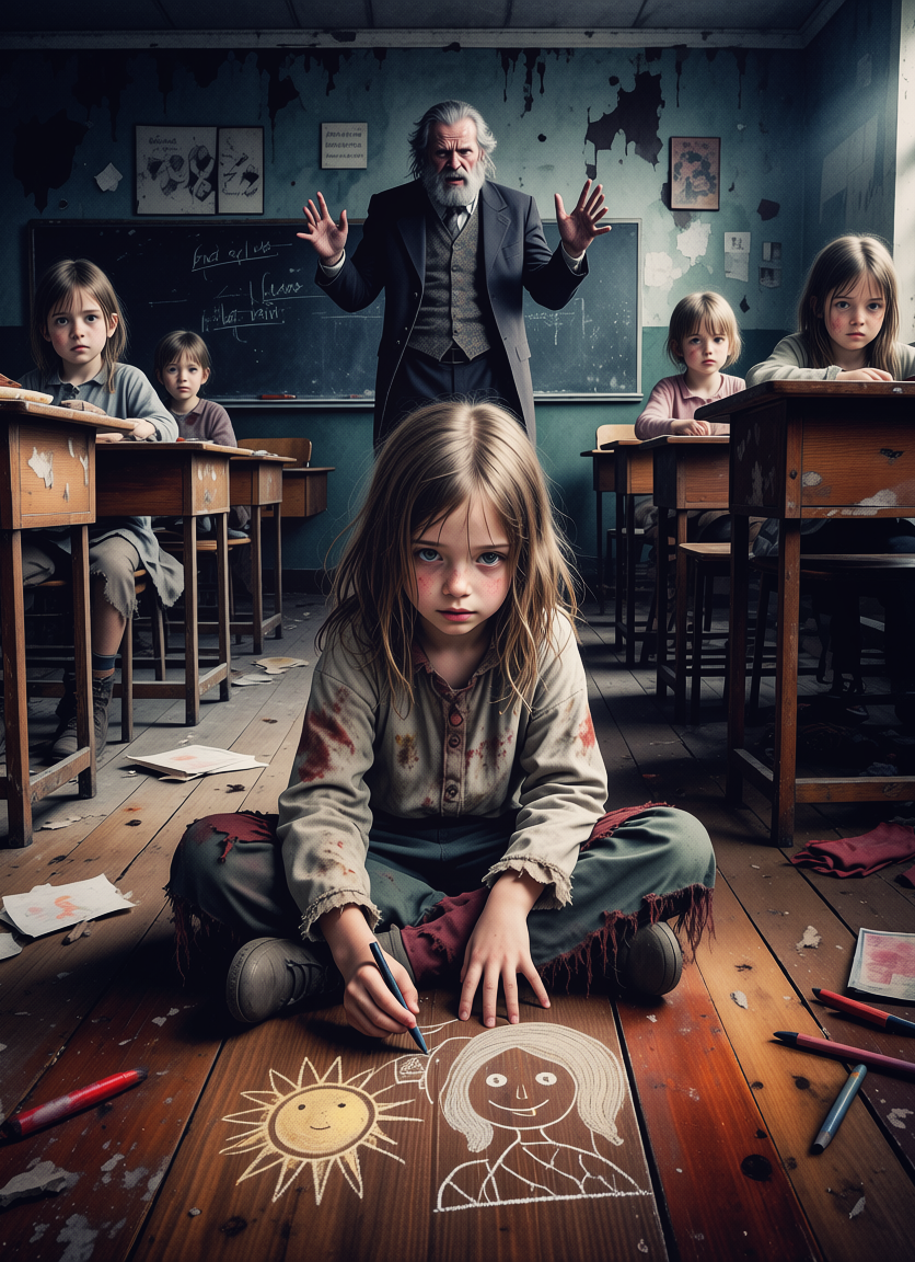 Poor girl draws on classroom floor, Бедная девочка рисует на полу в классе, oxsiondesign