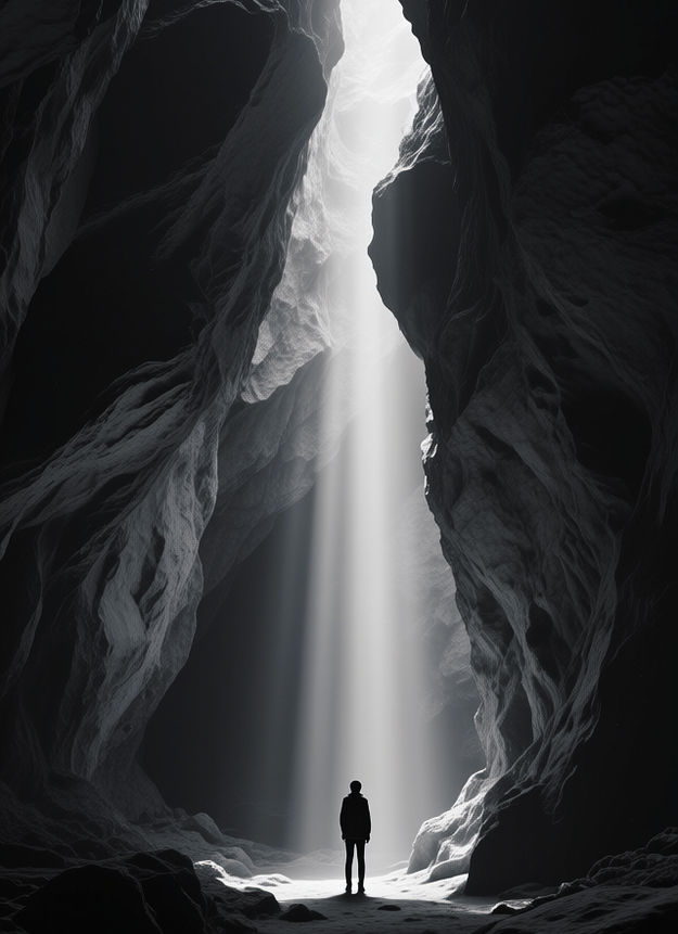 Black silhouette at the bottom of a huge cave, Черный силуэт на дне огромной пещеры, oxsiondesign