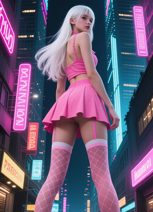 Girl in a short skirt in a neon city, Девушка в короткой юбке в неоновом городе, oxsiondesign